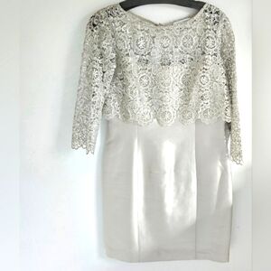 Rickie Freeman Teri Jon Silver Gray Sequin Lace Overlay Dress